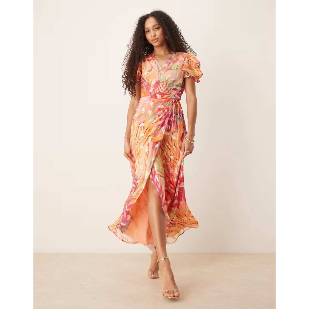 Hope & Ivy Pink Orange Floral Metallic Gold Foil Wrap Maxi Dress Womens 10 UK 14